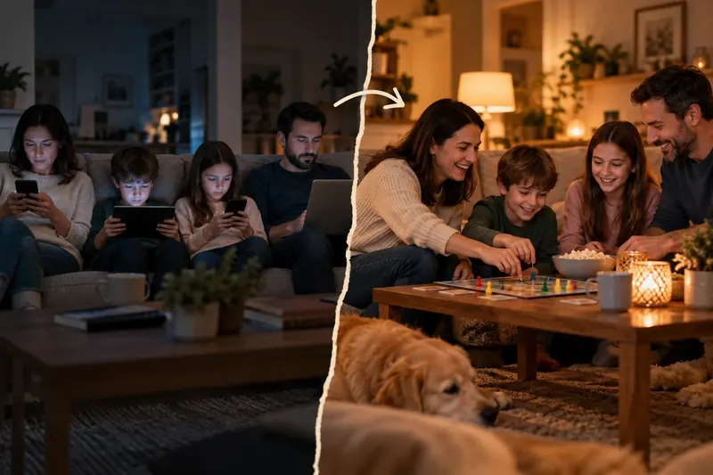 Two halves of one living room: on the left a family on the sofa, each lit by a separate screen; on the right the same family laughing around a board game by lamplight, a dog asleep on the rug.