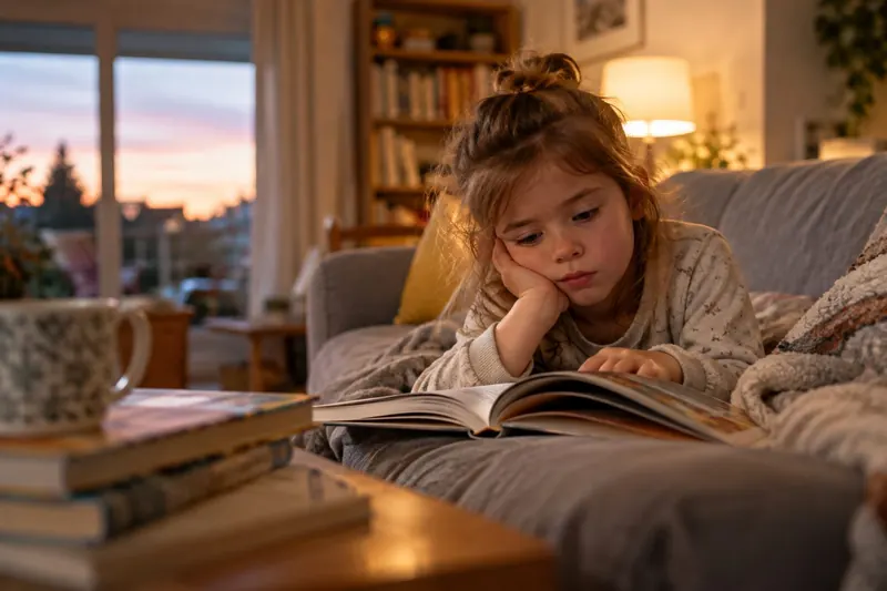 A young girl lying on a sofa with her chin in her hand, looking without much interest at an open picture book, in a warm living room at dusk.