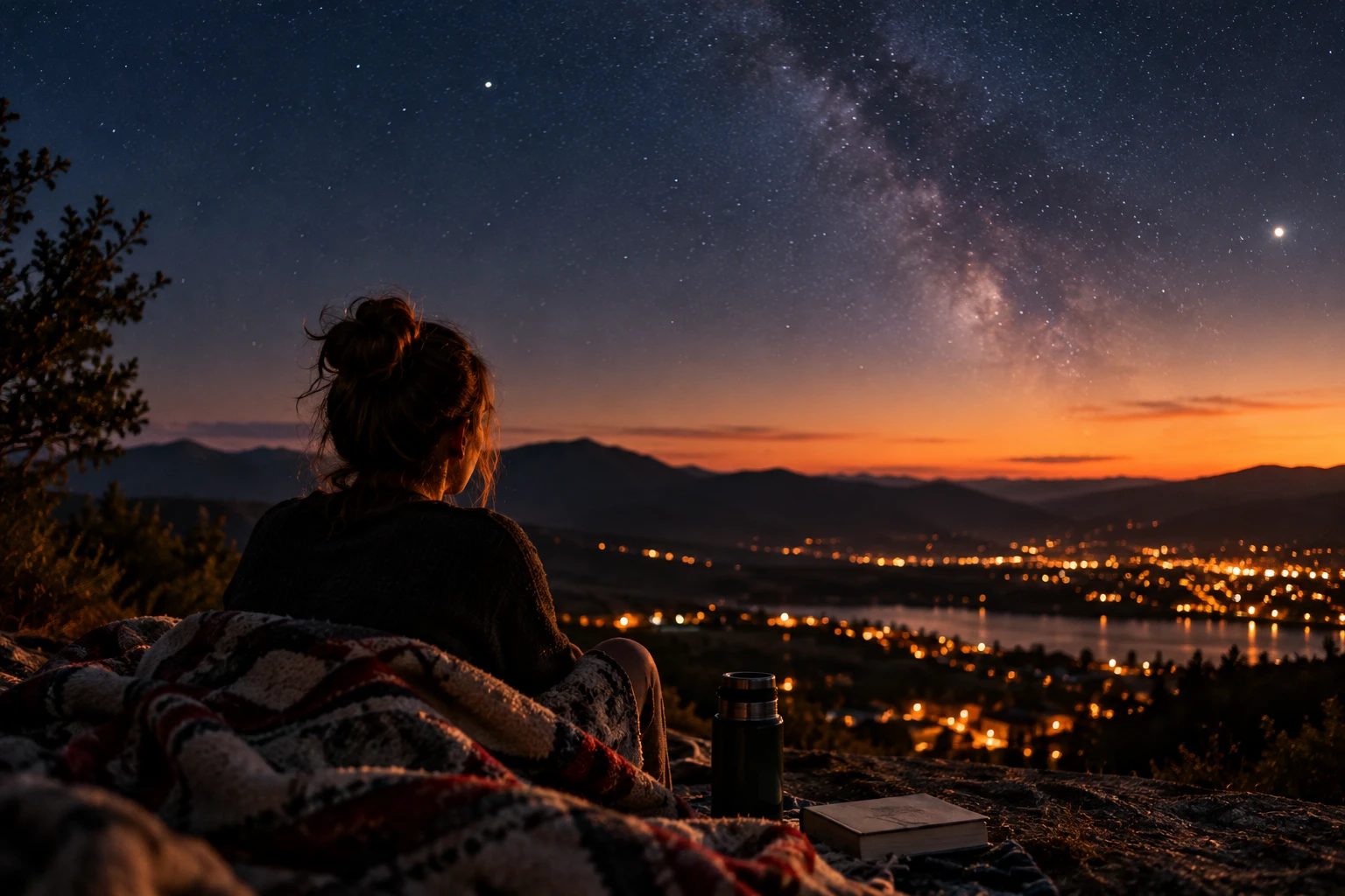 A woman wrapped in a blanket on a hilltop at dusk, looking up at the Milky Way over the lights of a valley, a thermos and a closed book beside her.
