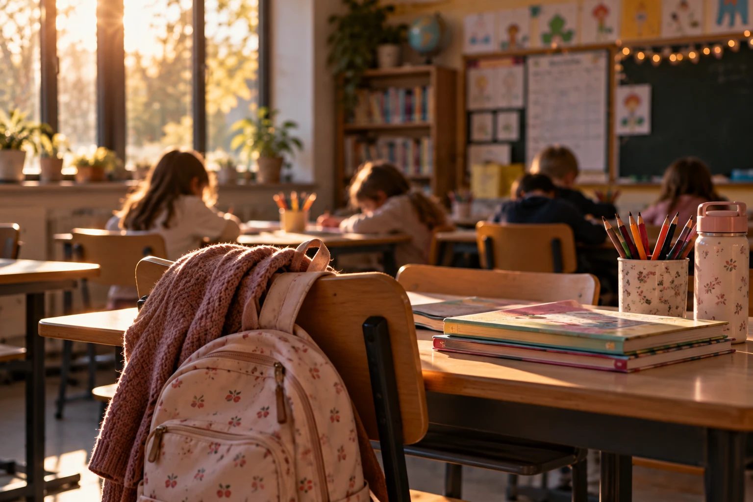 A sunlit classroom in the afternoon, a floral backpack and a pink cardigan on a chair in front, children bent over their work at the tables behind.
