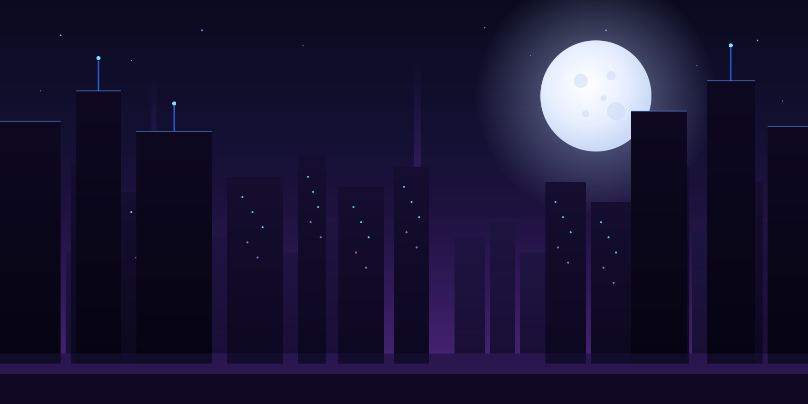 Illustration of the Solmerith skyline at night under a full moon, from The Keeper Chronicles