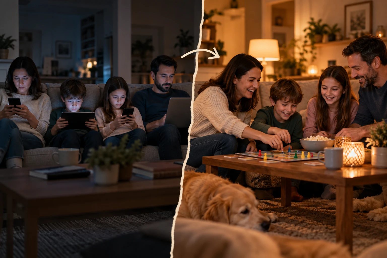Two halves of one living room: on the left a family on the sofa, each lit by a separate screen; on the right the same family laughing around a board game by lamplight, a dog asleep on the rug.