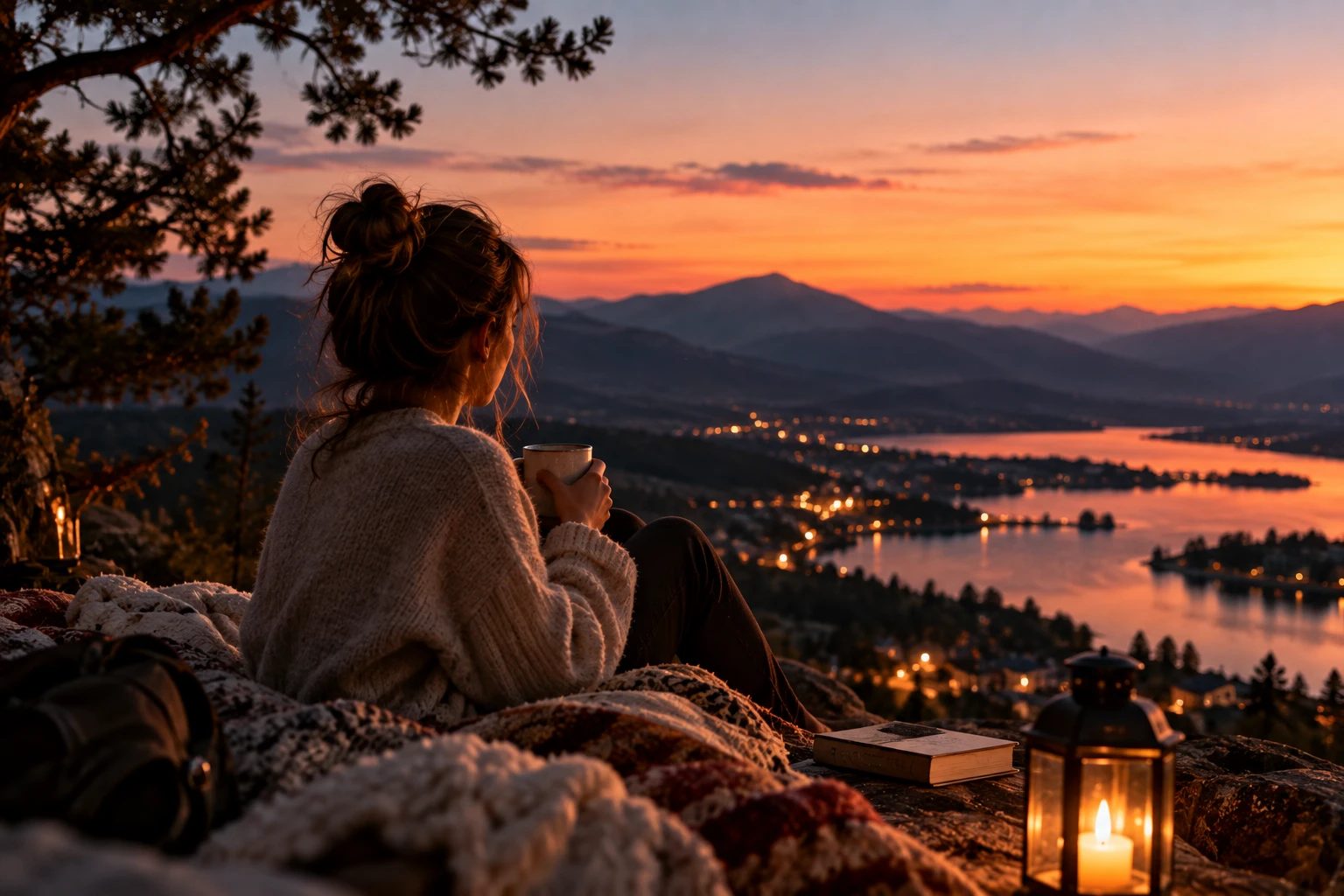 A woman in a cream sweater holding a mug on a hilltop at sunset, a lantern and a closed book beside her, a lake and town lights below.